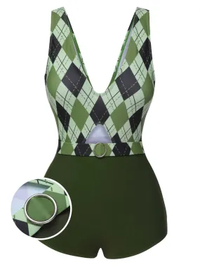 [Pre-Sale] Green 1940s Diamond Grid V-Neck One-Piece Swimsuit