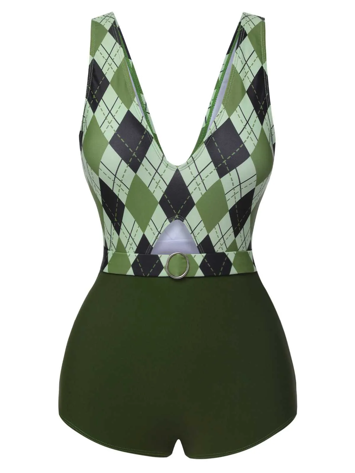 [Pre-Sale] Green 1940s Diamond Grid V-Neck One-Piece Swimsuit