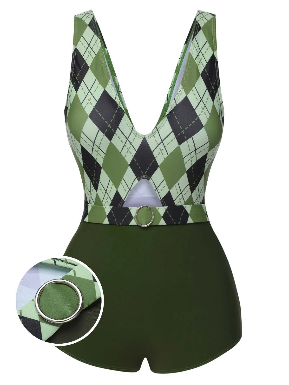 [Pre-Sale] Green 1940s Diamond Grid V-Neck One-Piece Swimsuit