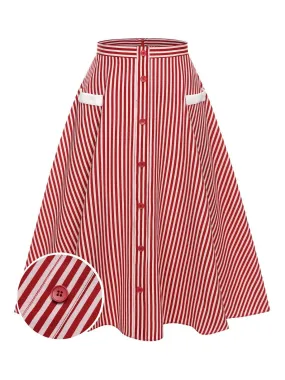 [Pre-Sale] Red 1940s Buttoned Stripes Skirt