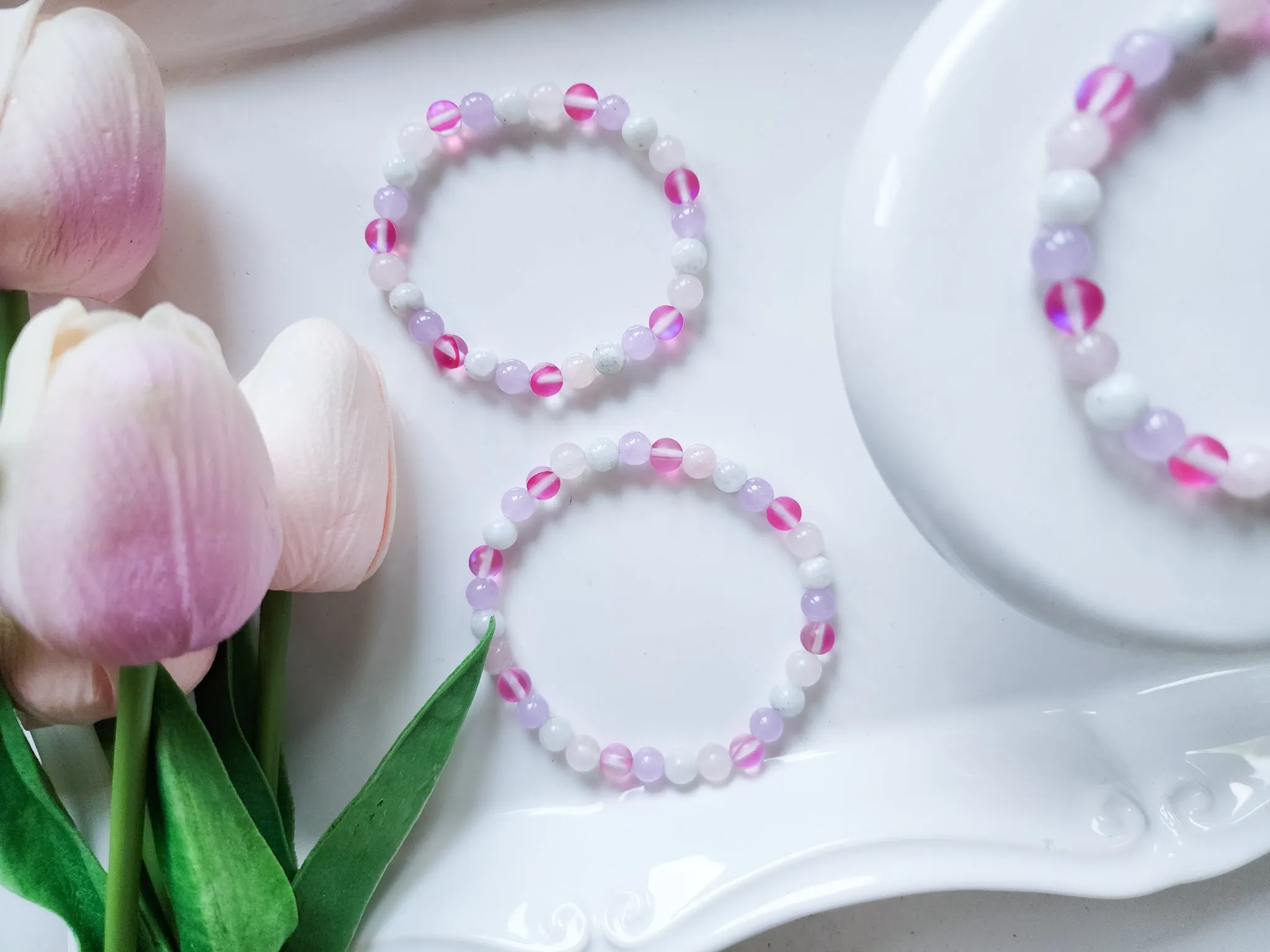 Pretty in Pink Aura Quartz, Rose Quartz, Moonstone & Lavender Jade Beaded Bracelet || Reiki Infused