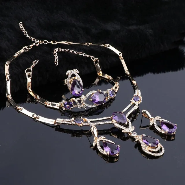 Purple Cubic Zirconia and Crystal Necklace, Bracelet, Earrings & Ring Wedding Statement Jewelry Set