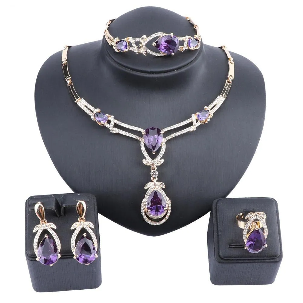 Purple Cubic Zirconia and Crystal Necklace, Bracelet, Earrings & Ring Wedding Statement Jewelry Set