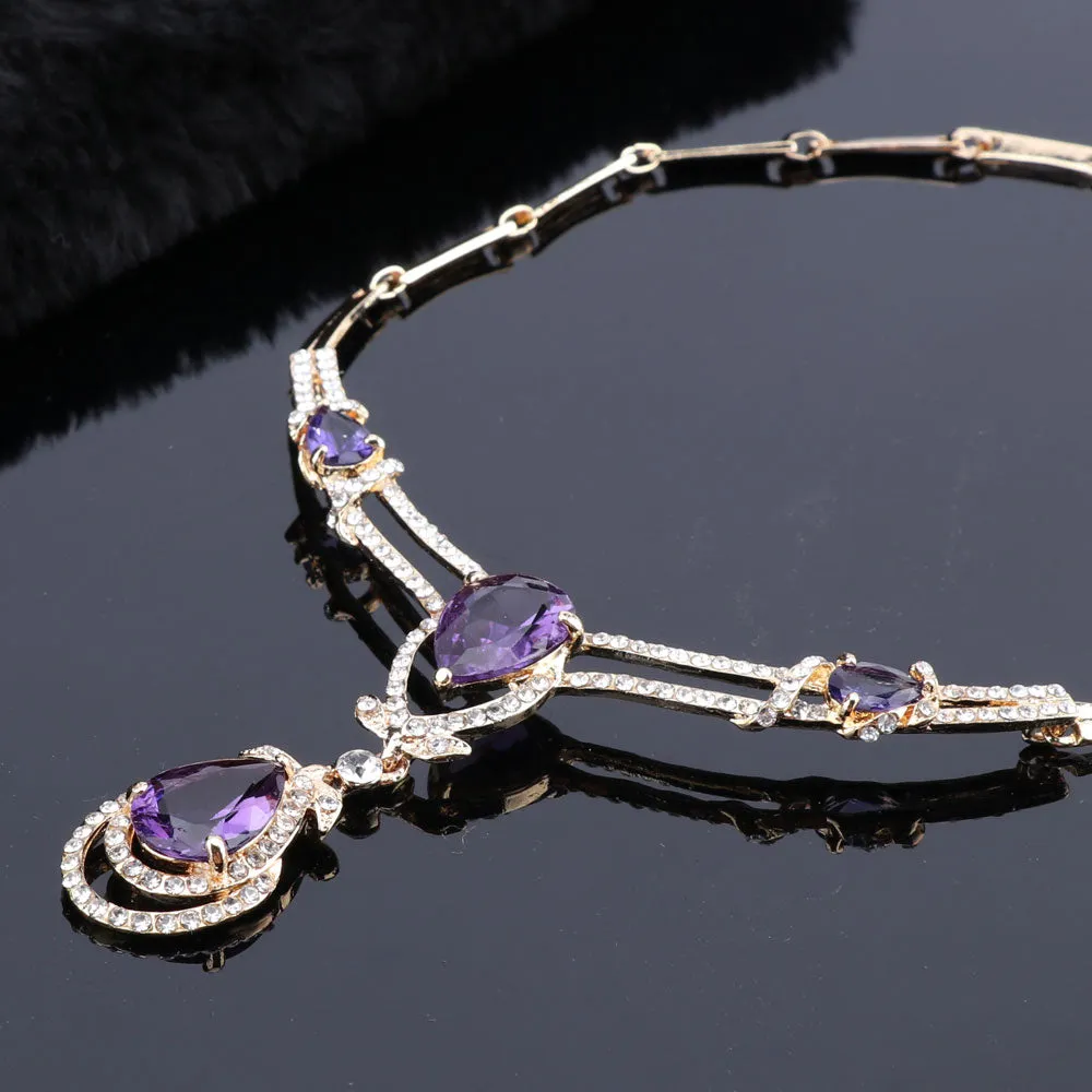 Purple Cubic Zirconia and Crystal Necklace, Bracelet, Earrings & Ring Wedding Statement Jewelry Set