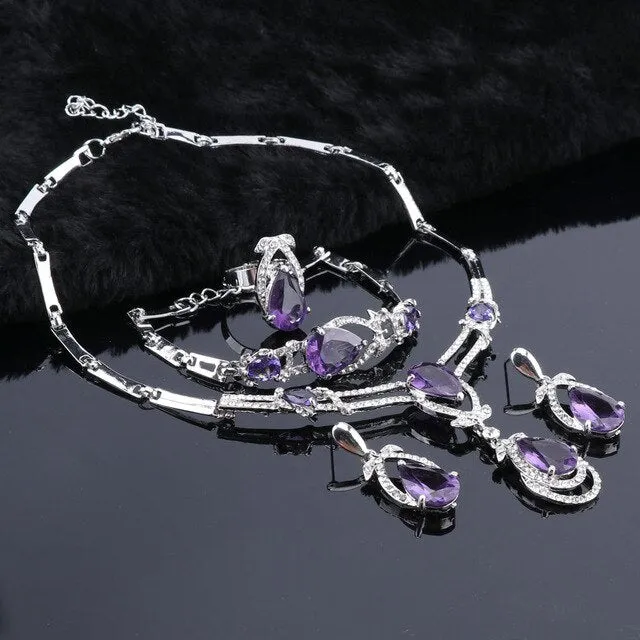 Purple Cubic Zirconia and Crystal Necklace, Bracelet, Earrings & Ring Wedding Statement Jewelry Set