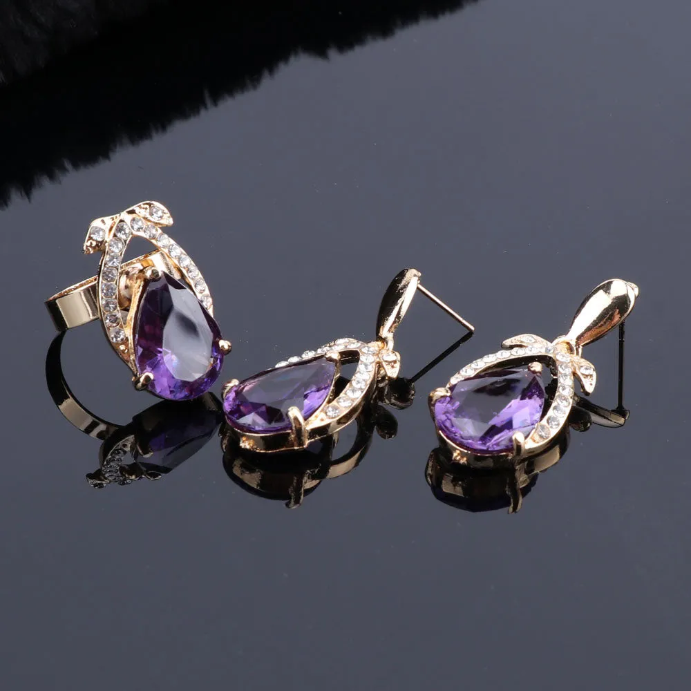 Purple Cubic Zirconia and Crystal Necklace, Bracelet, Earrings & Ring Wedding Statement Jewelry Set