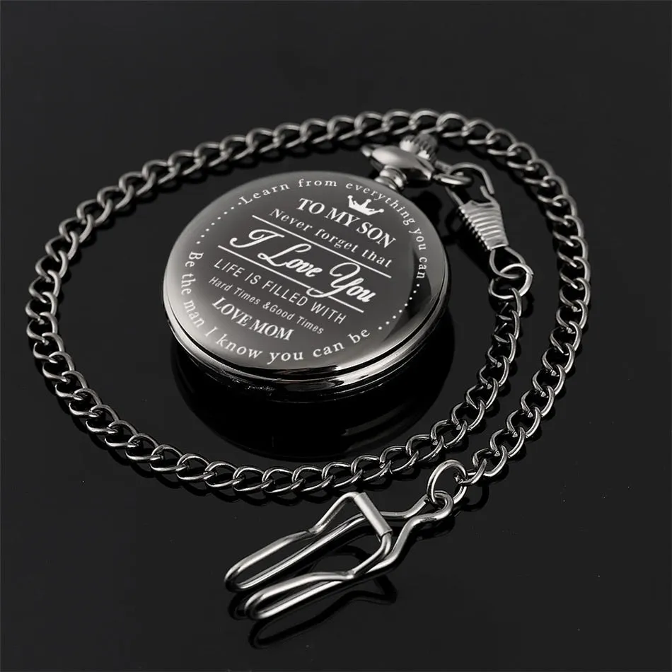 "To My Son Love Mom" Black Antique White Dial Roman Numerals Chain Link Quartz Pocket Watch