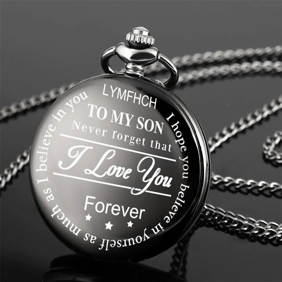 "To My Son Love Mom" Black Antique White Dial Roman Numerals Chain Link Quartz Pocket Watch