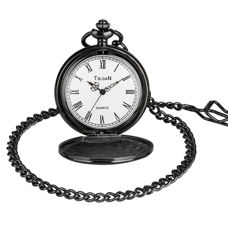 "To My Son Love Mom" Black Antique White Dial Roman Numerals Chain Link Quartz Pocket Watch