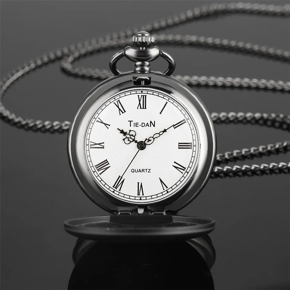 "To My Son Love Mom" Black Antique White Dial Roman Numerals Chain Link Quartz Pocket Watch