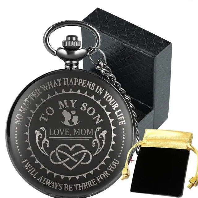 "To My Son Love Mom" Black Antique White Dial Roman Numerals Chain Link Quartz Pocket Watch