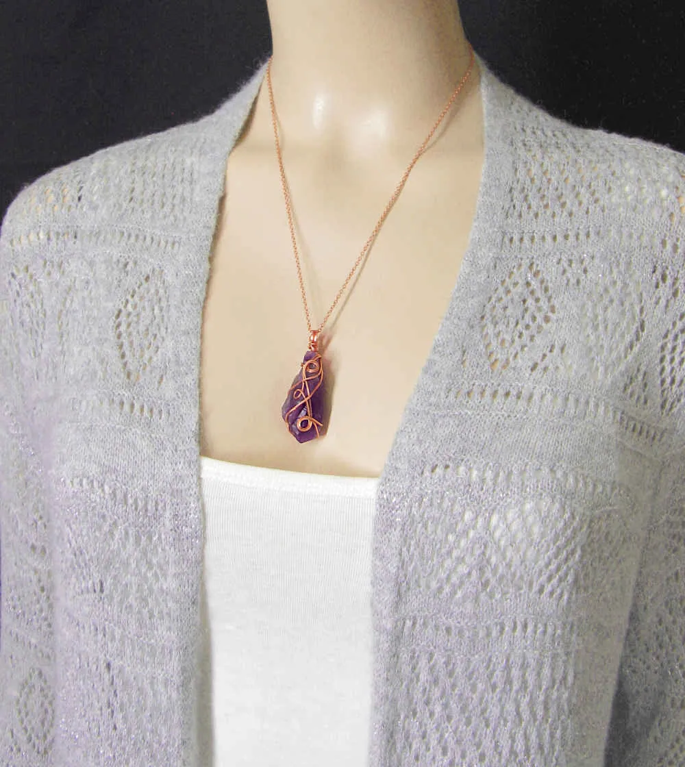 Raw Amethyst Crystal Pendant w/ 3 Swirls, Dark Purple, Copper Wire-Wrapped, w/ 20 Chain - Handmade