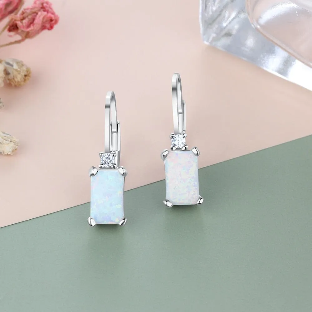 Rectangular Created White Fire Opal Hoop Earrings - 925 Sterling Silver