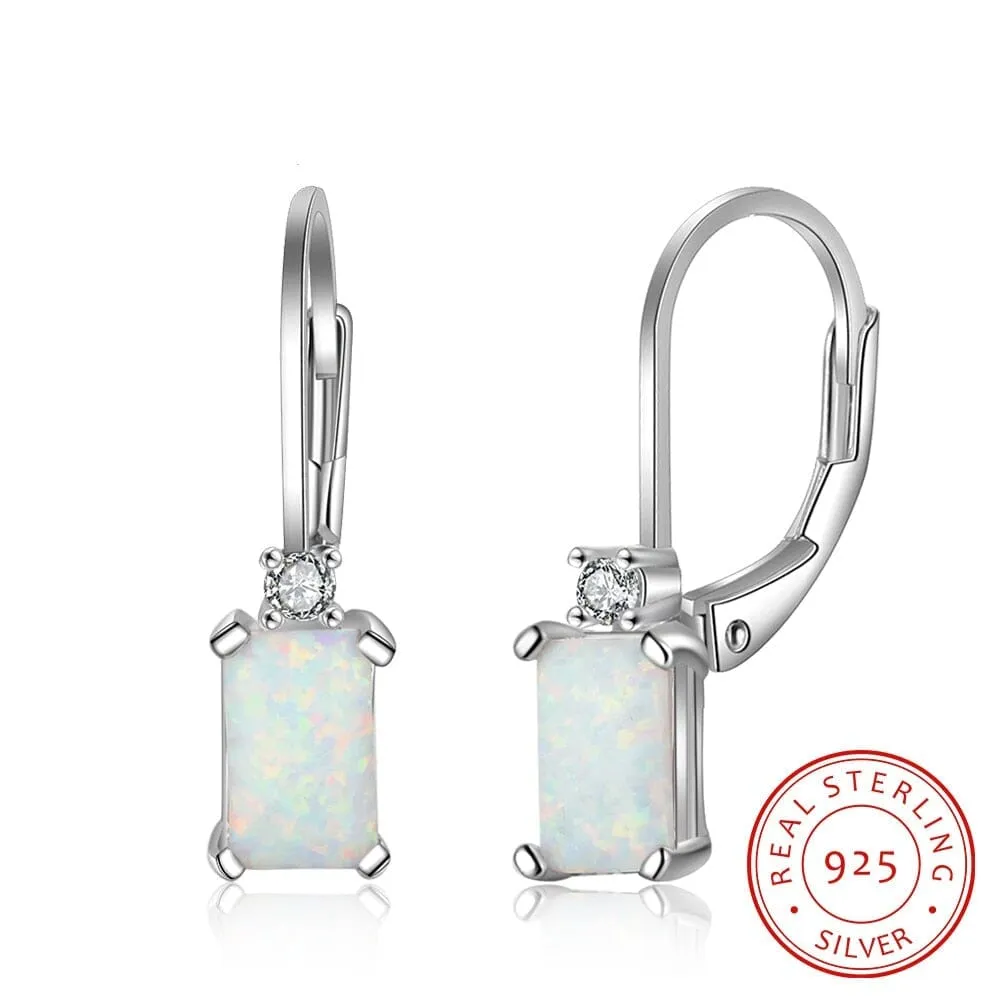 Rectangular Created White Fire Opal Hoop Earrings - 925 Sterling Silver