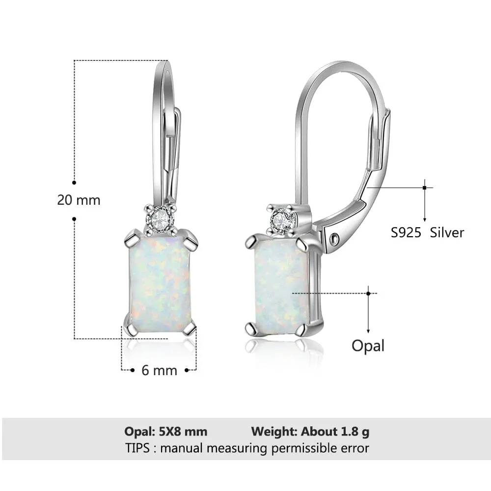 Rectangular Created White Fire Opal Hoop Earrings - 925 Sterling Silver