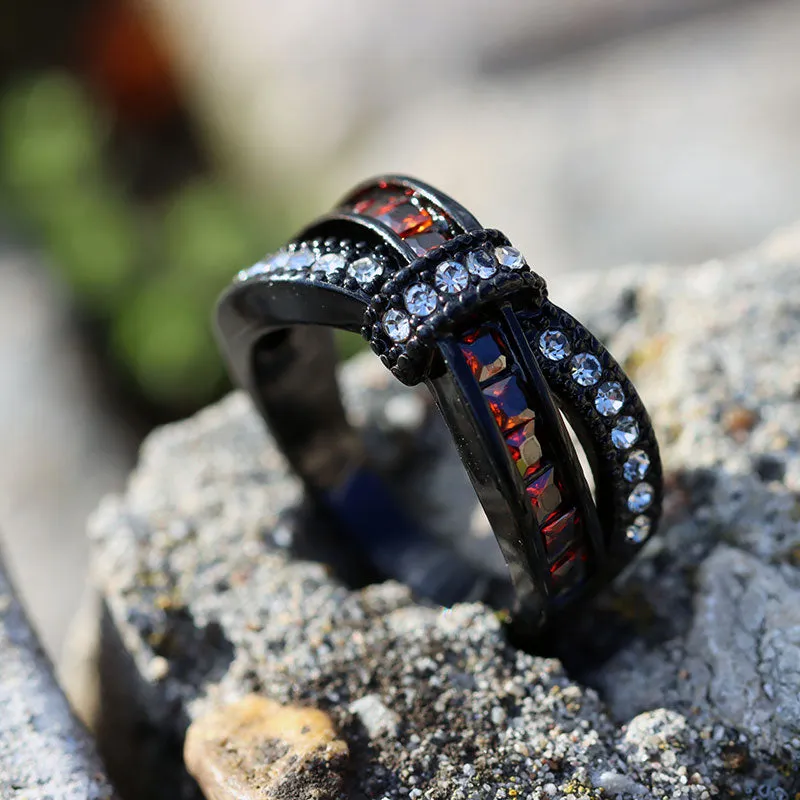 Red Black Carbon Fiber Inlay and Red White Cubic Zirconia Bow Stainless Steel Engagement Rings