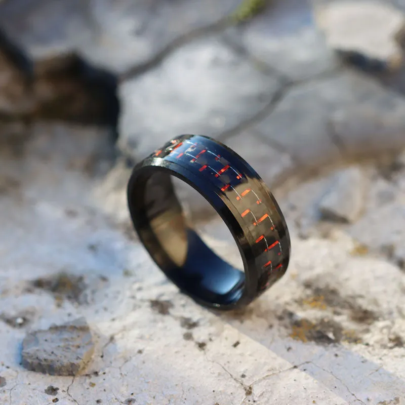 Red Black Carbon Fiber Inlay and Red White Cubic Zirconia Bow Stainless Steel Engagement Rings