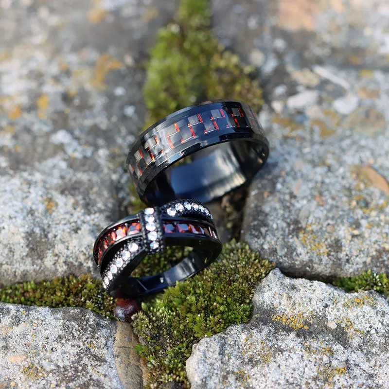 Red Black Carbon Fiber Inlay and Red White Cubic Zirconia Bow Stainless Steel Engagement Rings