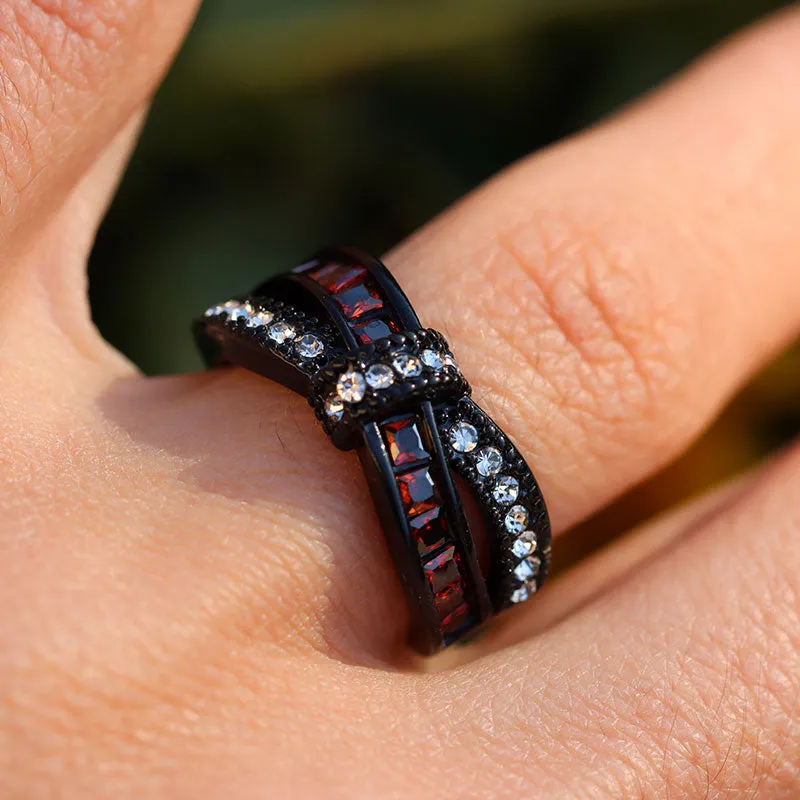 Red Black Carbon Fiber Inlay and Red White Cubic Zirconia Bow Stainless Steel Engagement Rings