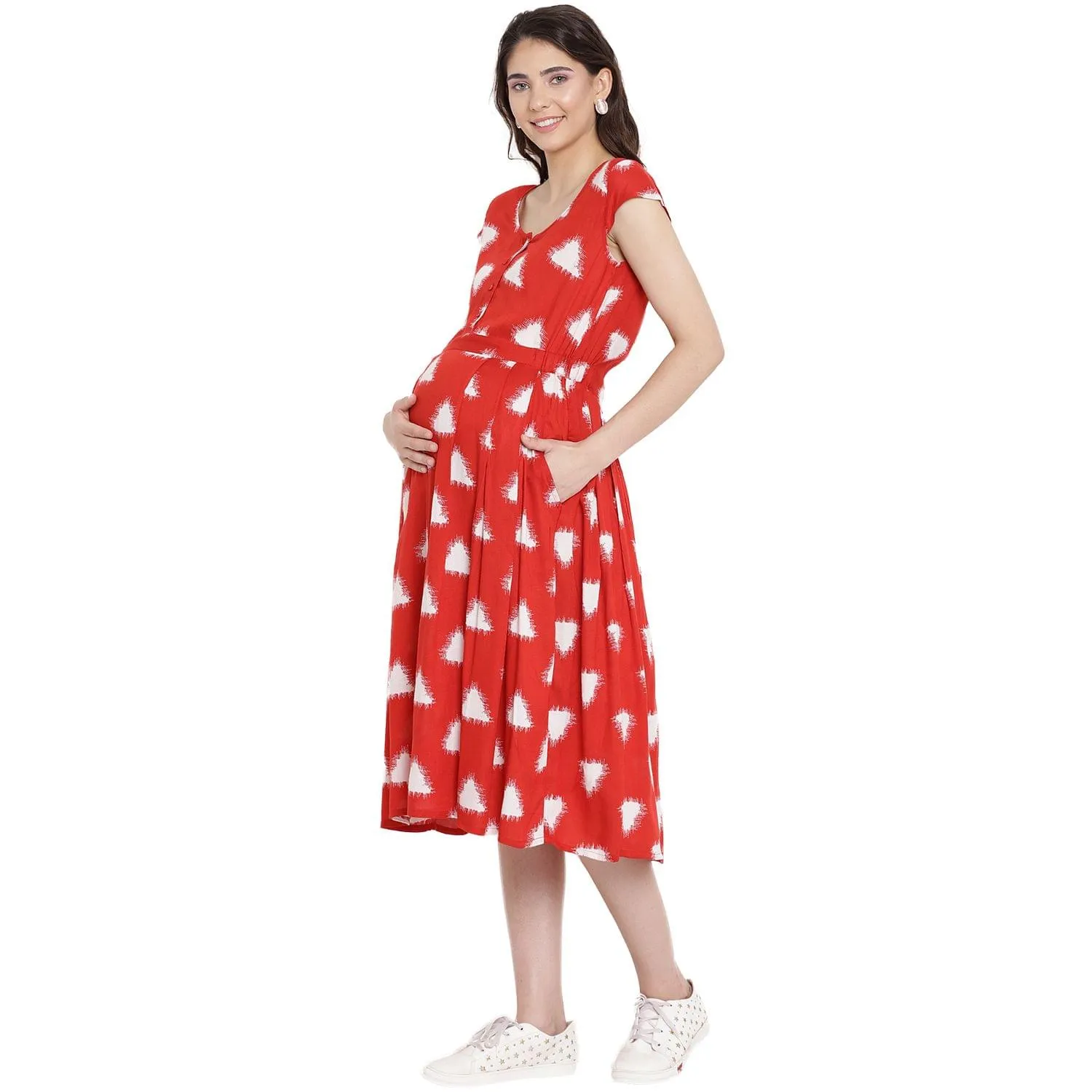 Red Geometric Print Maternity and Nursing Midi Dress