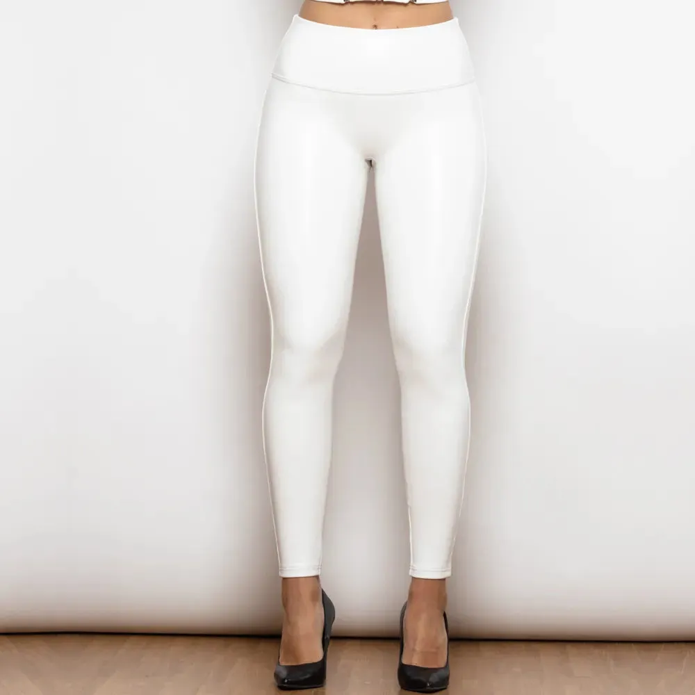 Regular White High Waist Leather V Shape Leggings