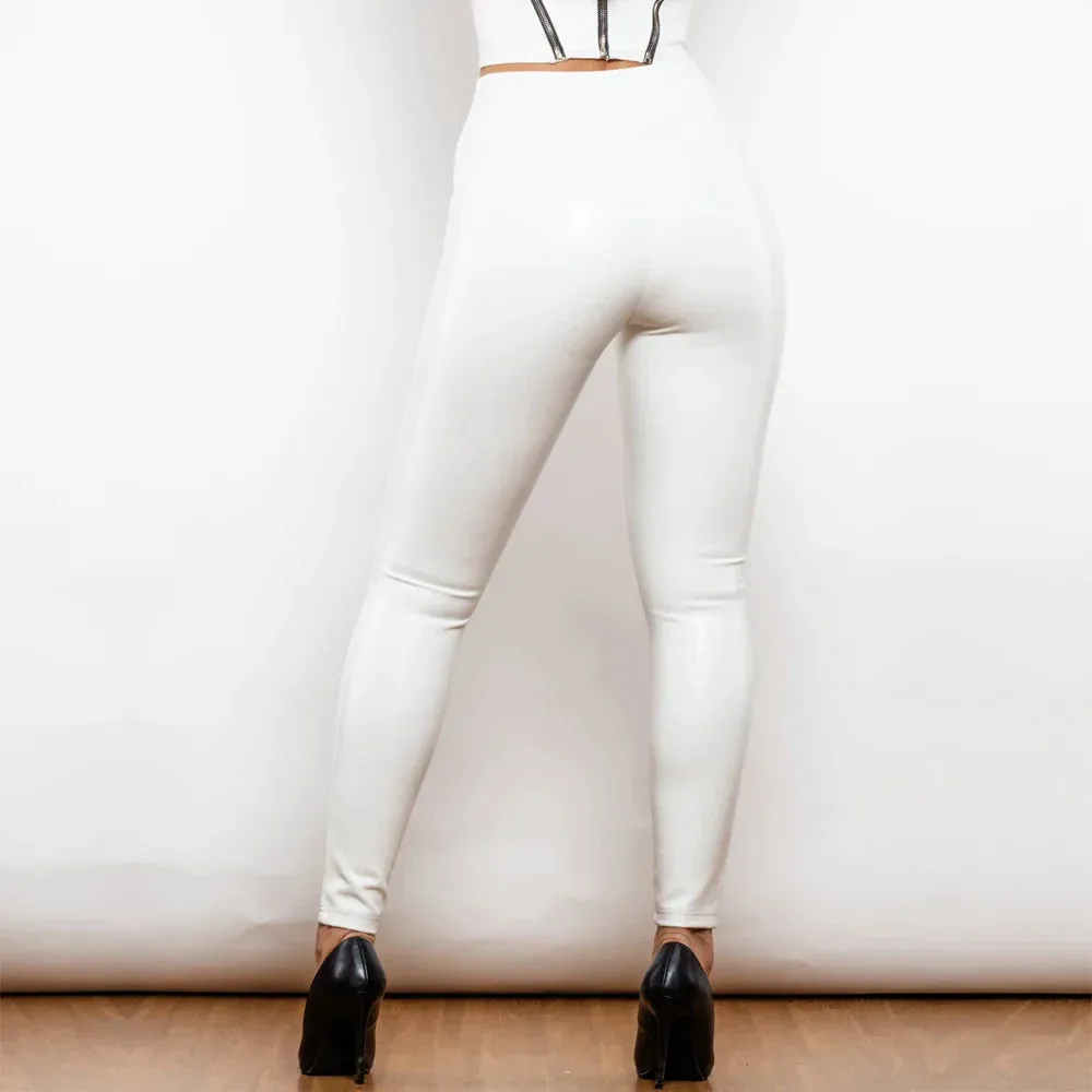 Regular White High Waist Leather V Shape Leggings