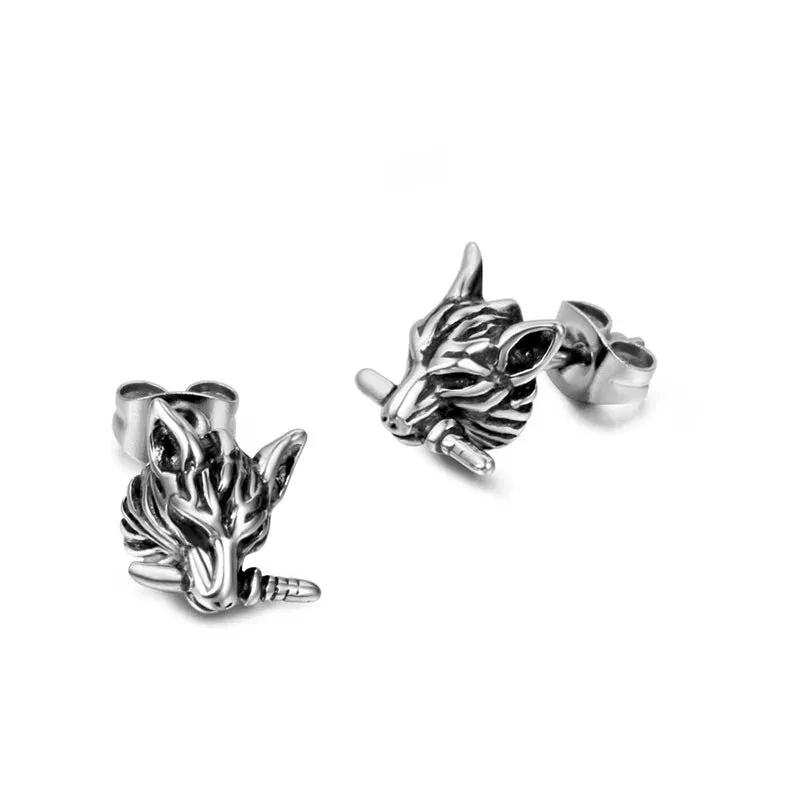 Rock Punk Mens Wolf Head Sword Stud Earrings in Stainless Steel, 2 Pcs