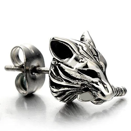 Rock Punk Mens Wolf Head Sword Stud Earrings in Stainless Steel, 2 Pcs