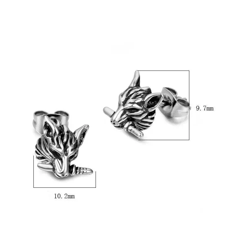 Rock Punk Mens Wolf Head Sword Stud Earrings in Stainless Steel, 2 Pcs