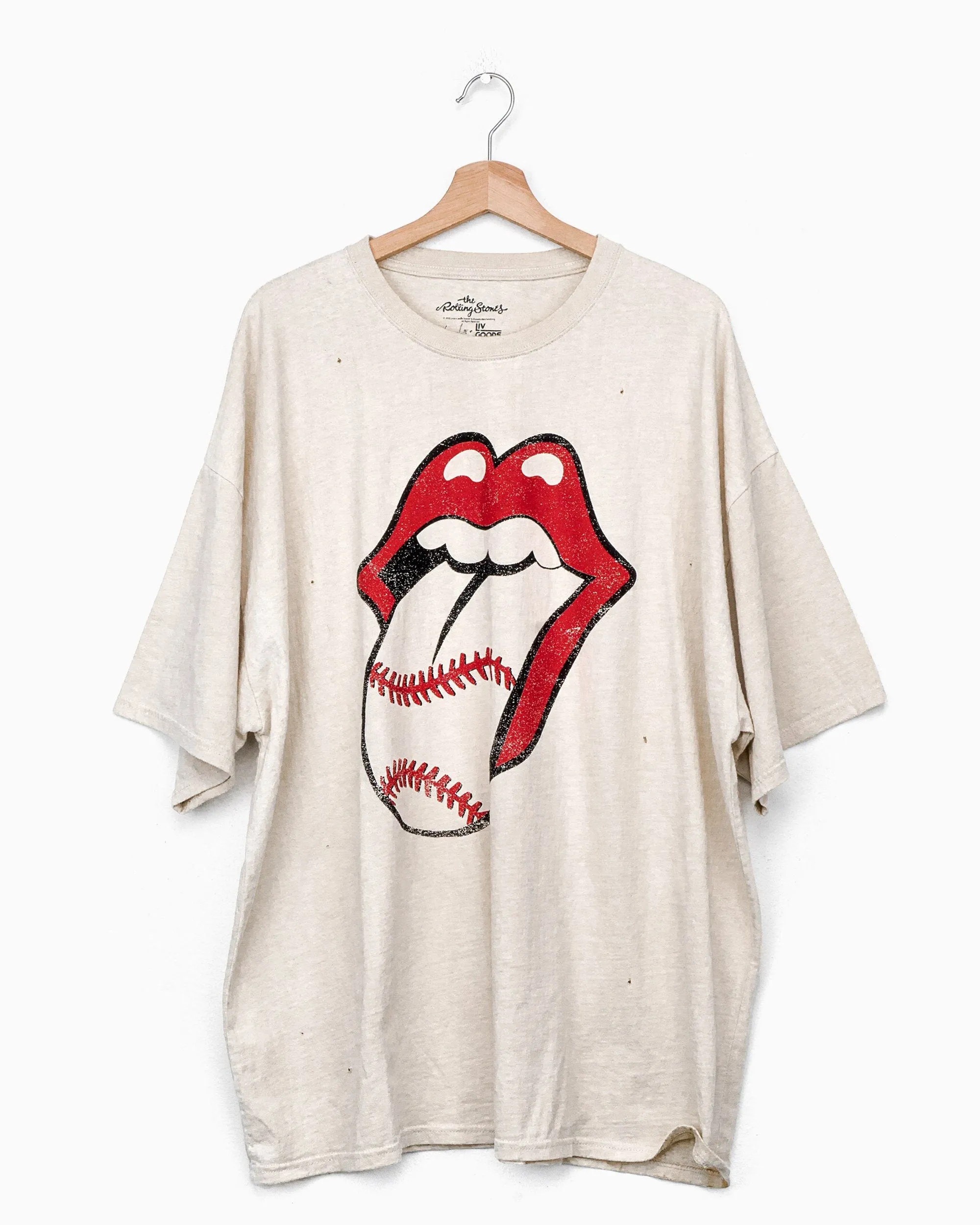 Rolling Stones Baseball Lick Off White Oversized Distressed Tee