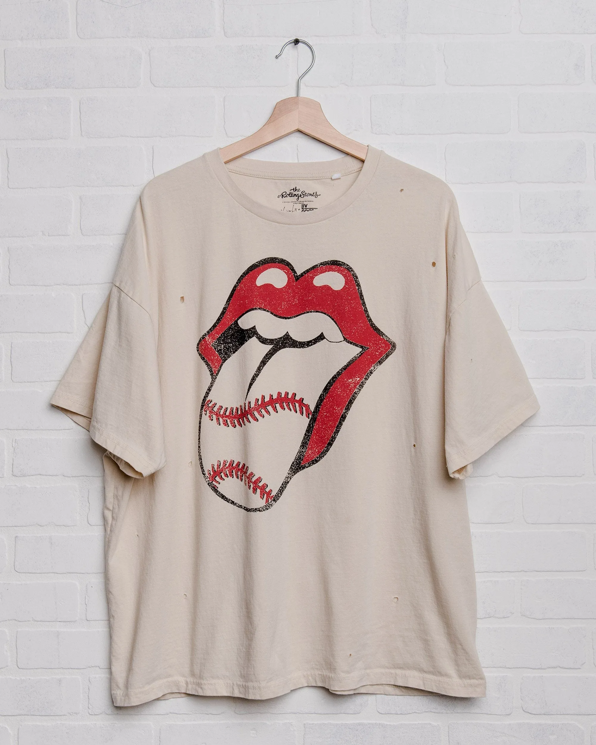 Rolling Stones Baseball Lick Off White Oversized Distressed Tee