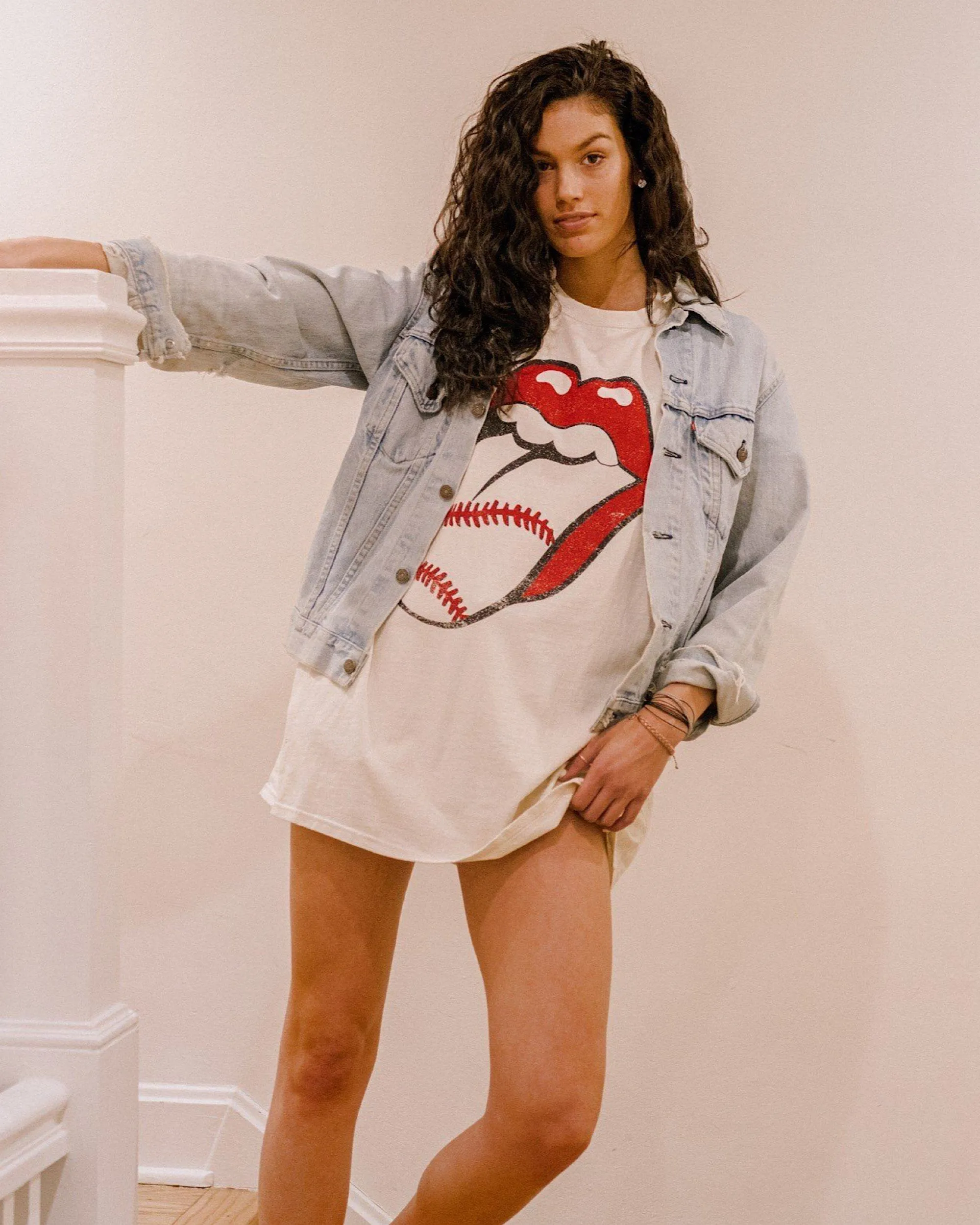 Rolling Stones Baseball Lick Off White Oversized Distressed Tee