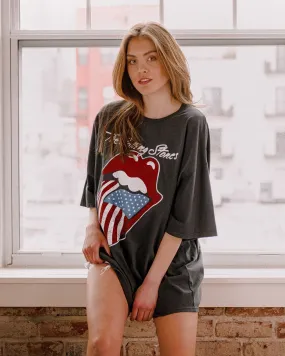 Rolling Stones USA Flag Lick Off Black Oversized Distressed Tee