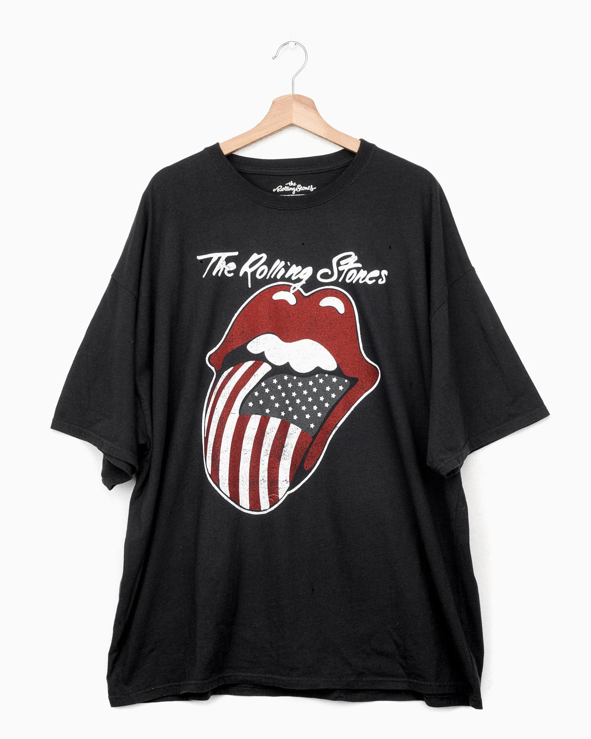 Rolling Stones USA Flag Lick Off Black Oversized Distressed Tee