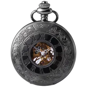 Roman Numeral Carvings on a Black Metal Pocket Watch