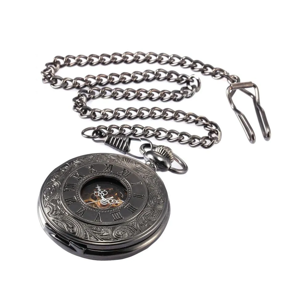 Roman Numeral Carvings on a Black Metal Pocket Watch