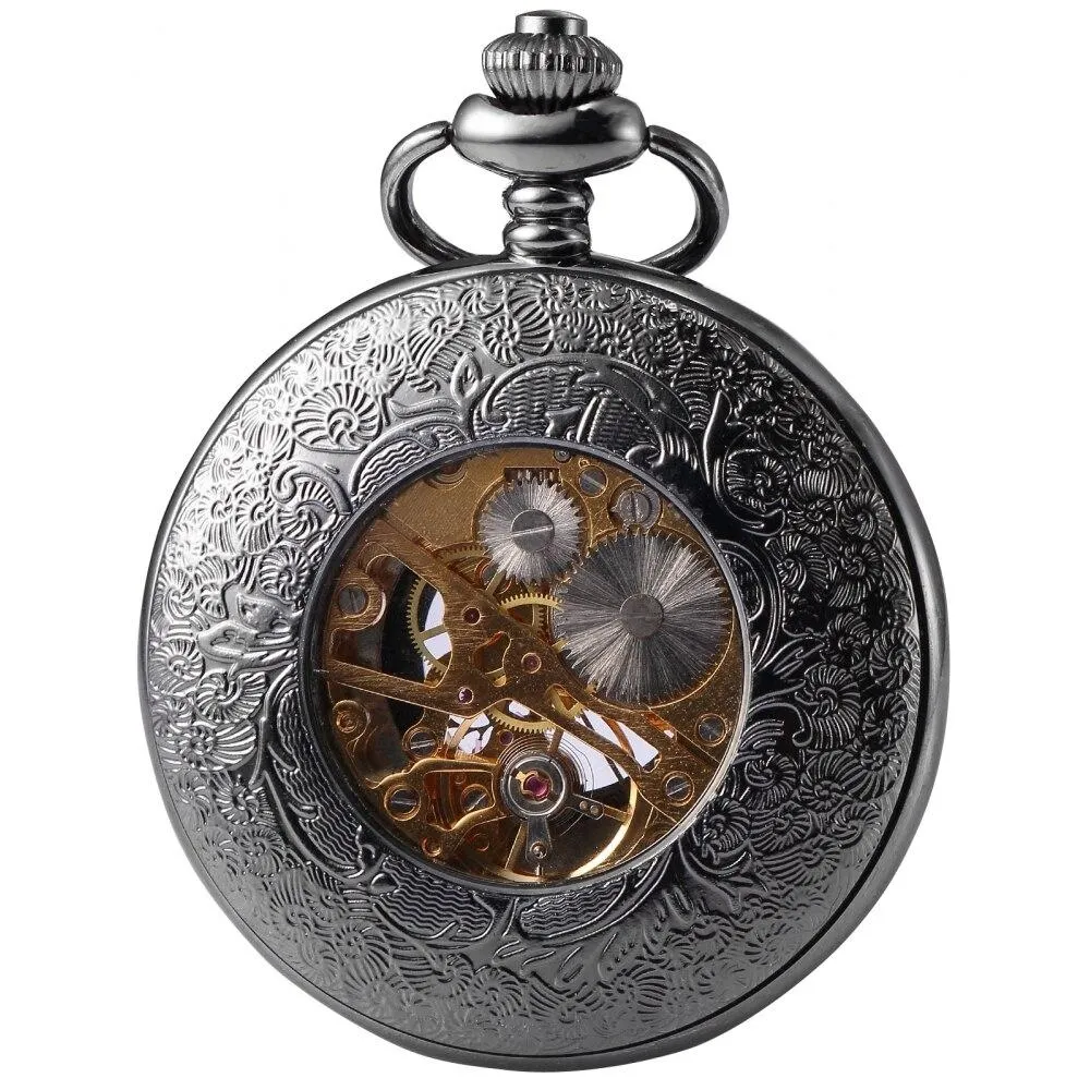 Roman Numeral Carvings on a Black Metal Pocket Watch