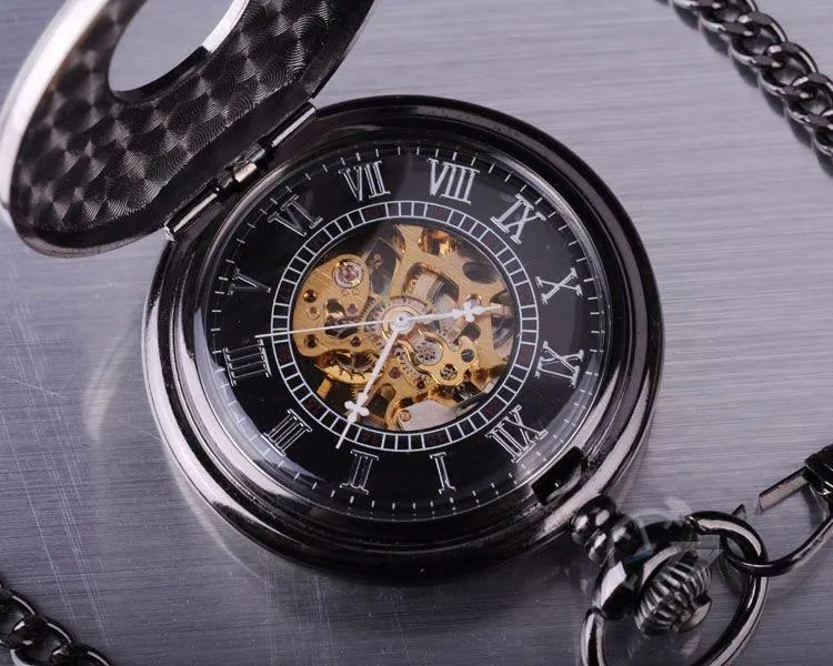 Roman Numeral Carvings on a Black Metal Pocket Watch