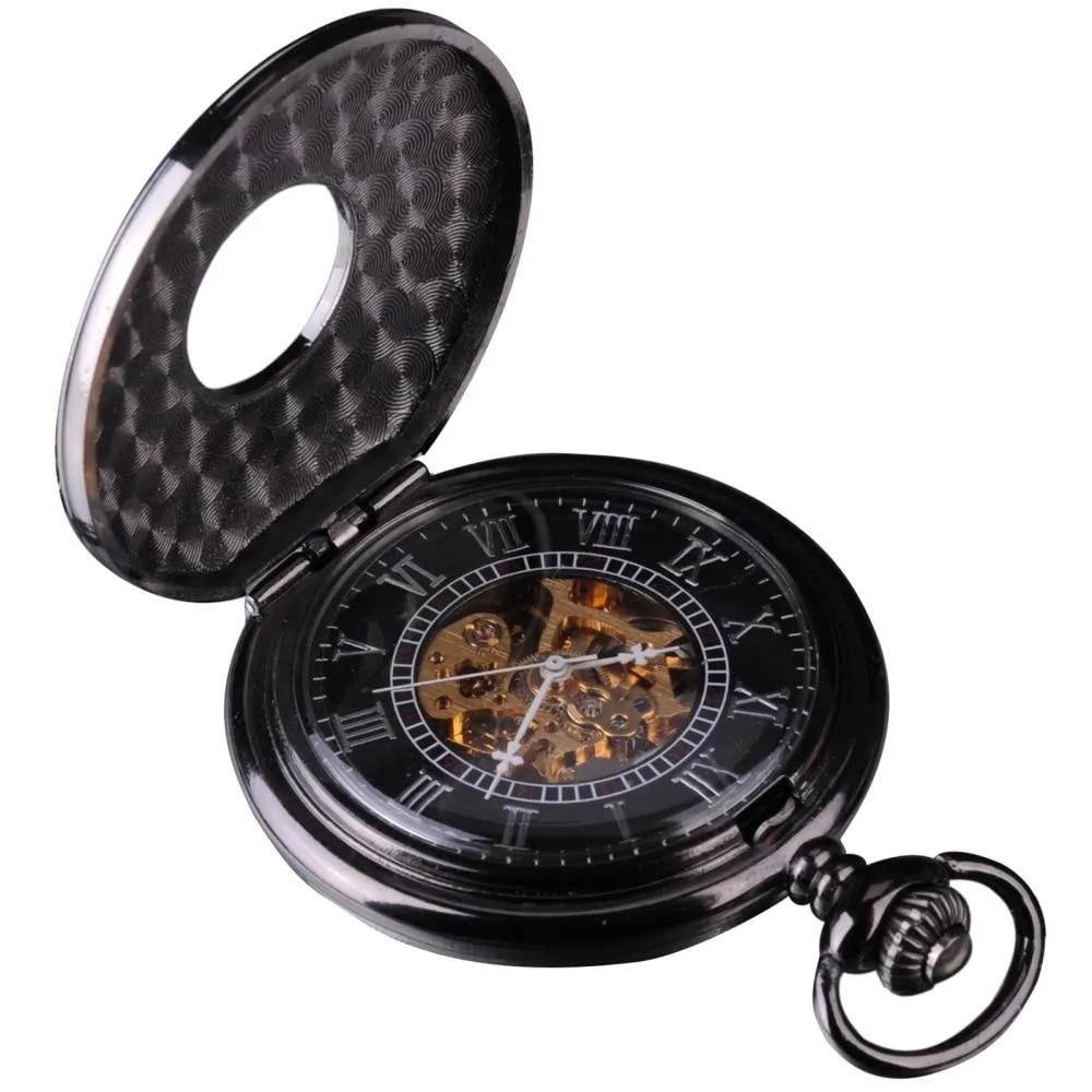 Roman Numeral Carvings on a Black Metal Pocket Watch