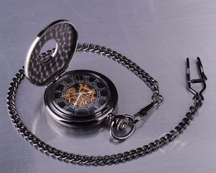 Roman Numeral Carvings on a Black Metal Pocket Watch