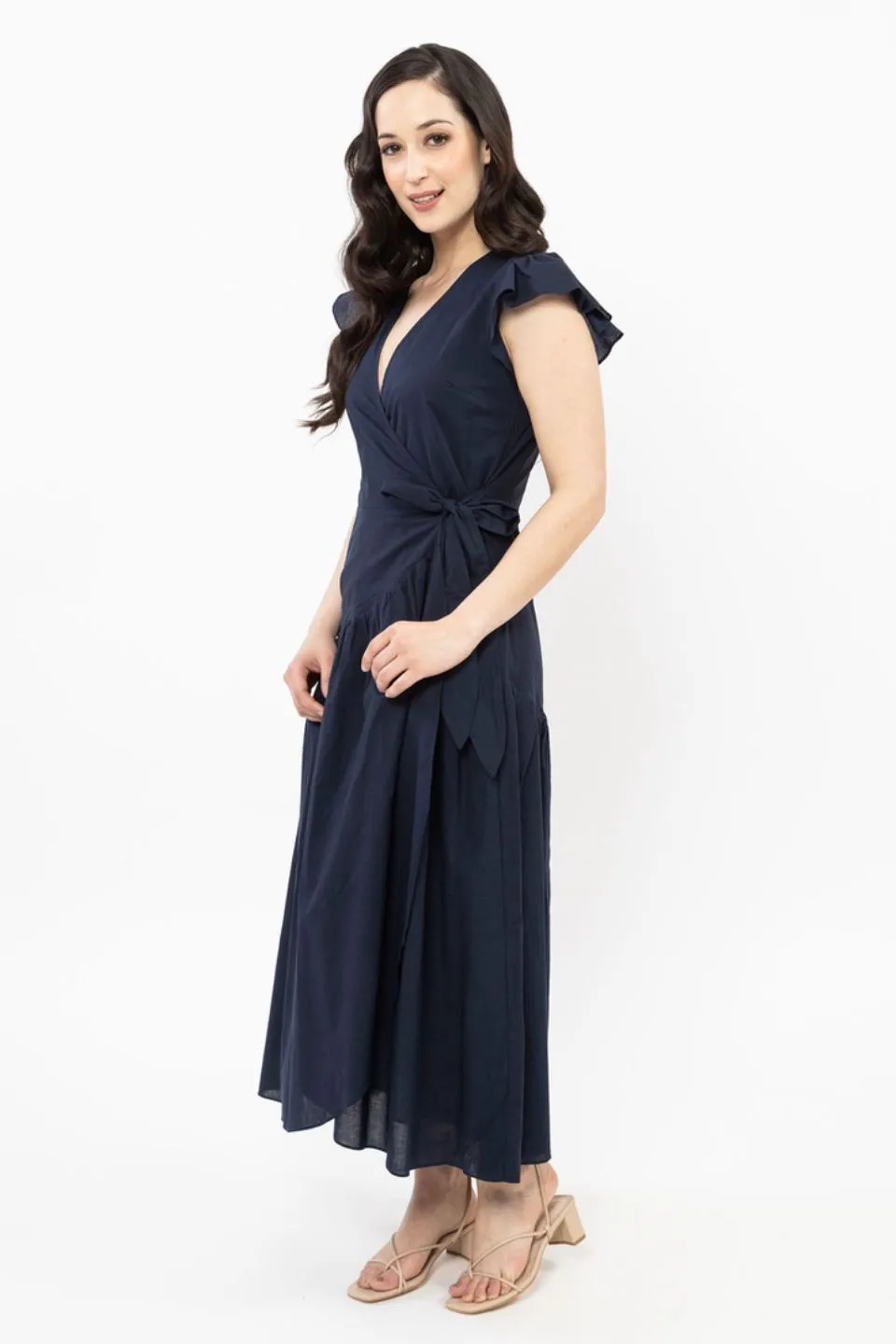 Romantic Navy Poplin Flutter Sleeve Maxi Wrap Dress