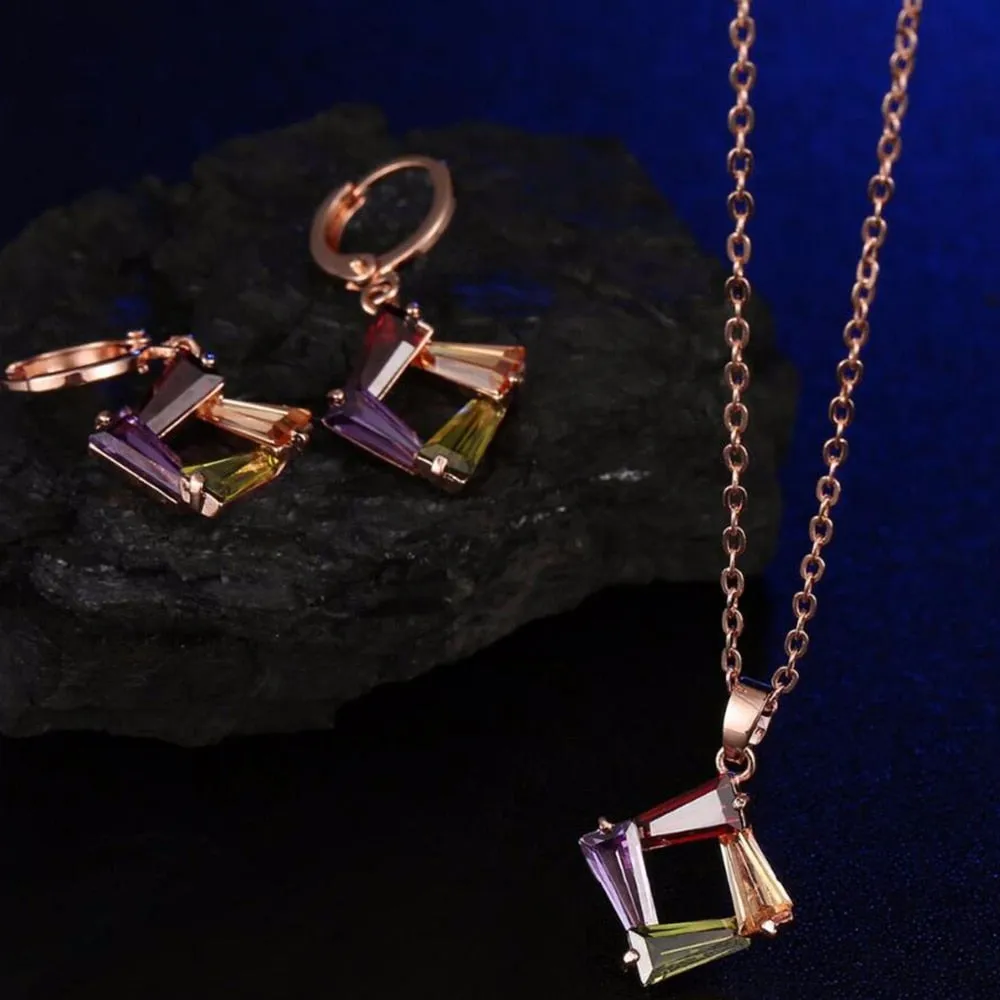 Rose-Gold-Plated Multicolor Cubic Zirconia Necklace & Earrings Wedding Jewelry Set