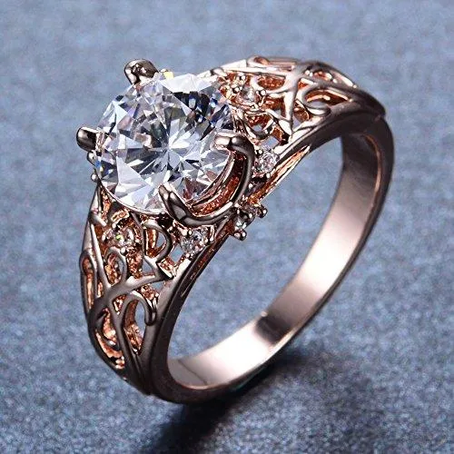 Rose Gold Sterling Silver Round Cubic Zircon Wedding Promise Gift Ring