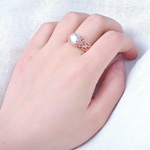 Rose Gold Sterling Silver Round Cubic Zircon Wedding Promise Gift Ring