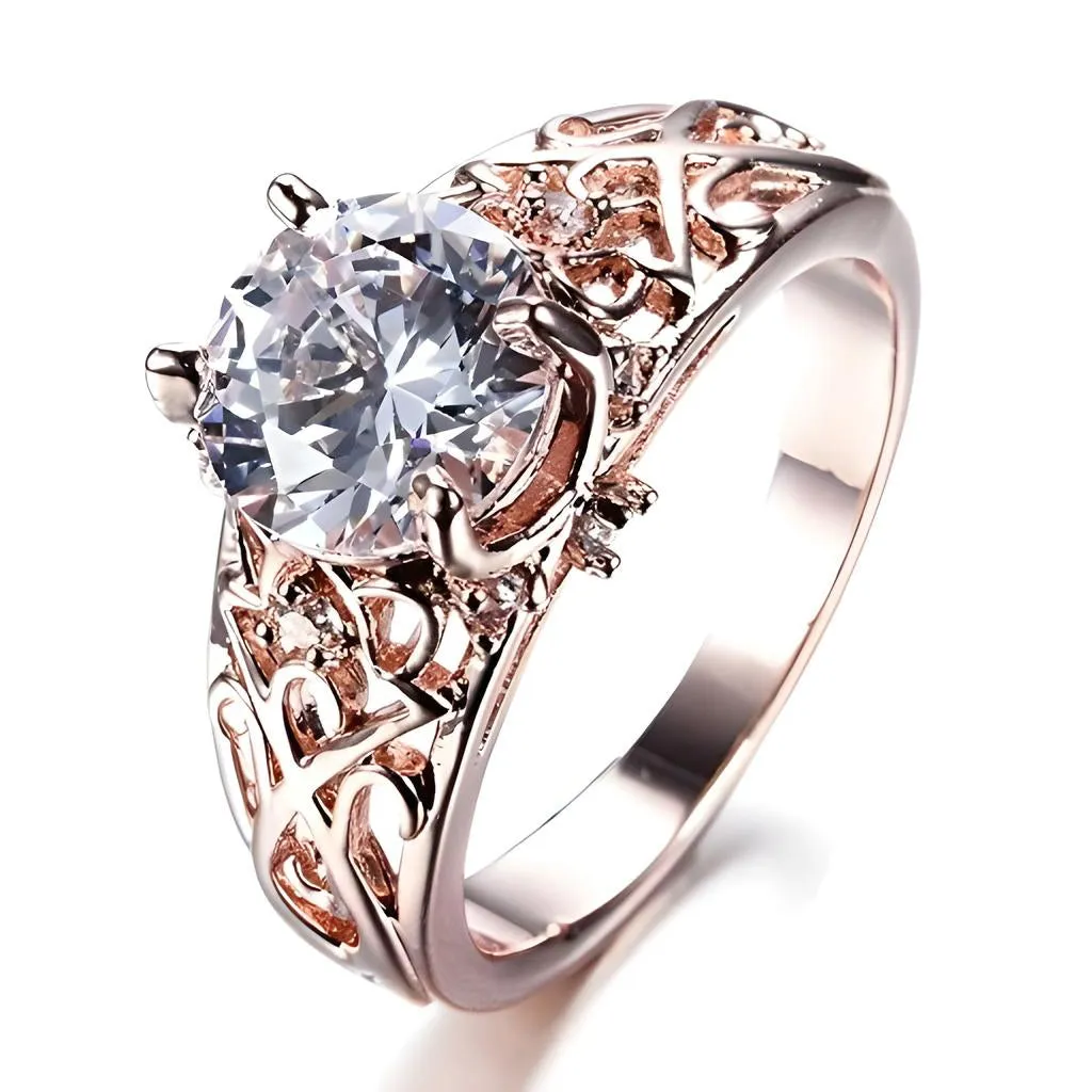 Rose Gold Sterling Silver Round Cubic Zircon Wedding Promise Gift Ring