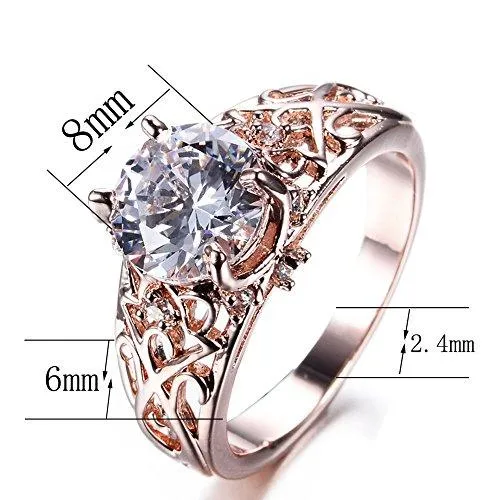 Rose Gold Sterling Silver Round Cubic Zircon Wedding Promise Gift Ring