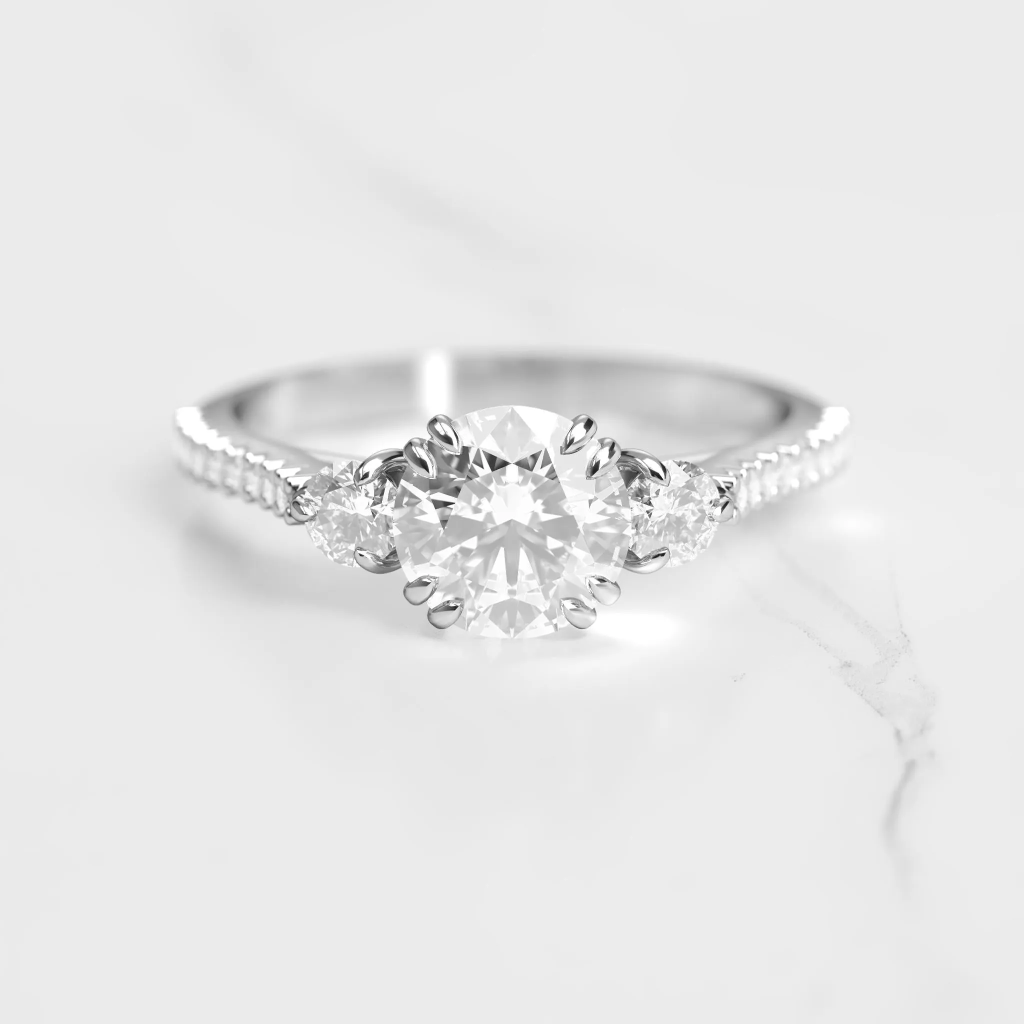 Round Half Pave Diamond Ring With Accent Stones