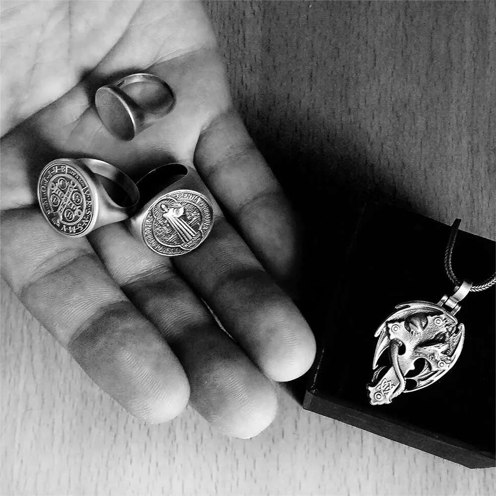 Saint Benedict Cross Exorcism Men's Ring Solid 925 Silver