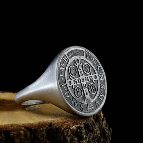 Saint Benedict Cross Exorcism Men's Ring Solid 925 Silver