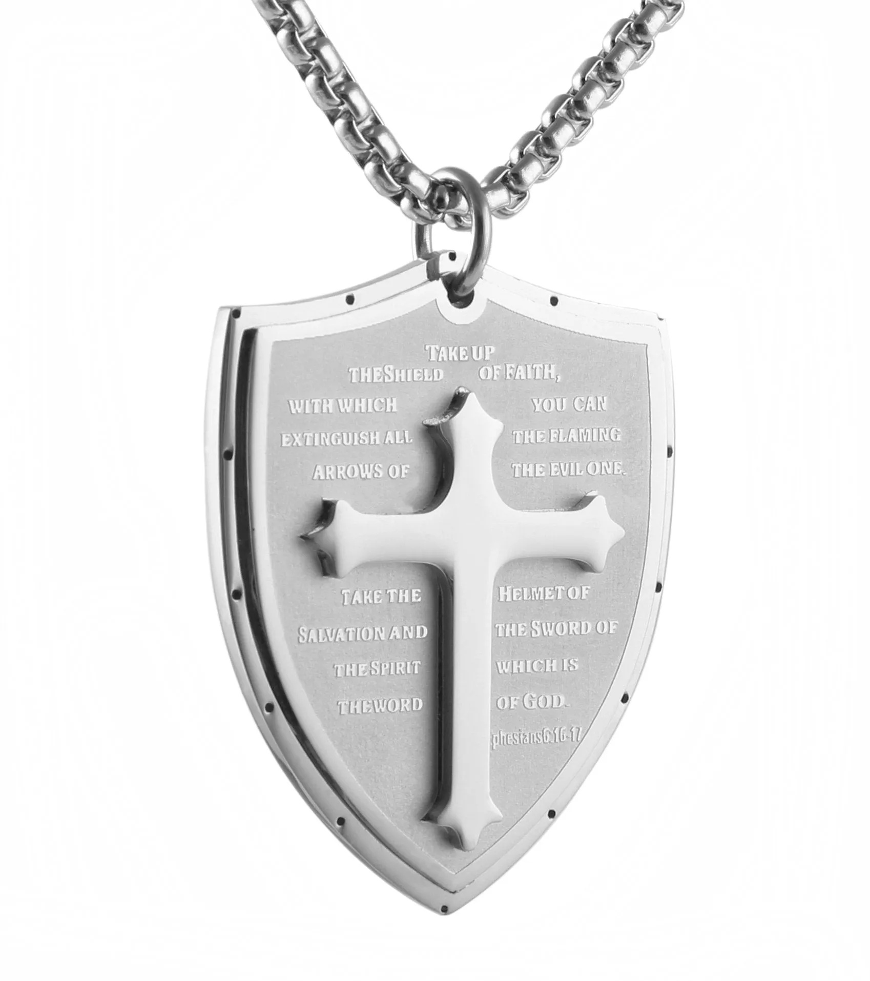 Shield Armor of God Ephesians 6:16-17, Faith Cross Stainless Steel Pendant Necklace